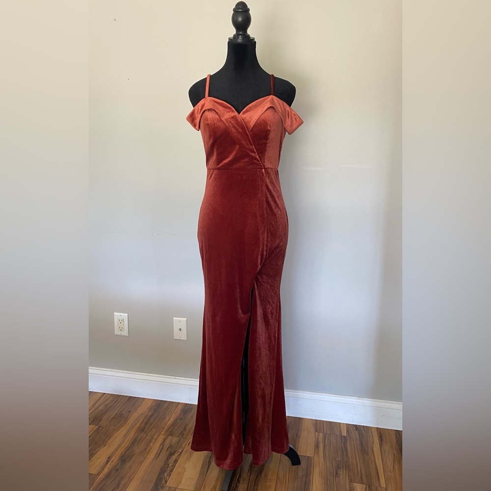 Velvet Floor-Length Evening Gown in Rust